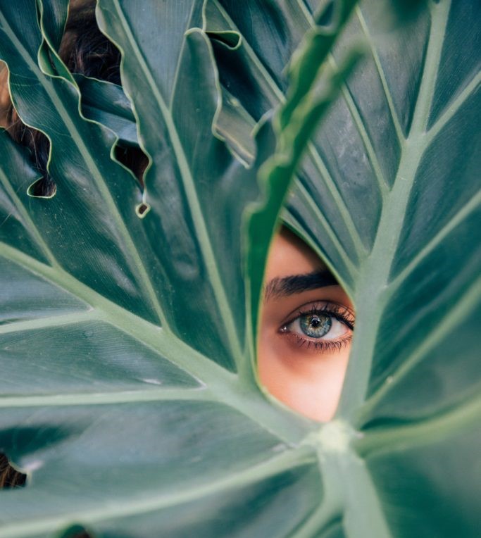 woman hiding behind a giant leaf