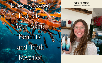 Vibrant seaweed underwater with sunlight filtering through, paired with an image of Emily from Seaflora Skincare holding Seaflora products while smiling, illustrating the natural detoxifying power of seaweed for healthy skin