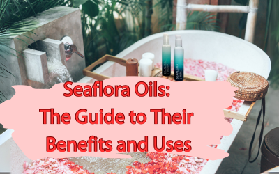 Outdoor bath with pink petals and a wooden board featuring Seaflora oils, set against a pink background with red text banner.