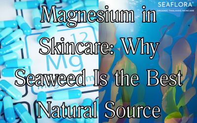 A split-screen image featuring bright blue magnesium supplements on the left and brown and green seaweed against a dark blue ocean background on the right, with text overlay discussing magnesium benefits and sources.