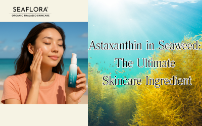 Woman applying Seaflora Natural Sun Shield on her face with underwater seaweed and blog title overlay: "Astaxanthin in seaweed: the ultimate skincare ingredient"; Seaflora logo in black at the top left.