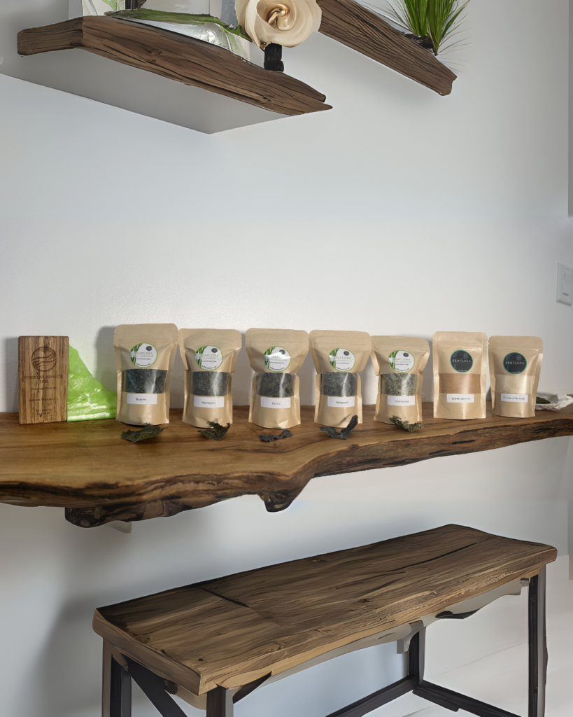Seaflora Dried Seaweed & Powdered Mushrooms – In-Store Display - Seaflora Skincare Seaflora's dried seaweed on a shelf in their store.