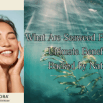 A smiling woman with clear, glowing skin appears on the left beside the Seaflora Skincare logo. On the right, sunbeams pierce through underwater seaweed with the blog title “What Are Seaweed Peptides? Ultimate Benefits Backed by Nature” overlaid on the image.