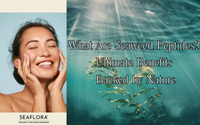 A smiling woman with clear, glowing skin appears on the left beside the Seaflora Skincare logo. On the right, sunbeams pierce through underwater seaweed with the blog title “What Are Seaweed Peptides? Ultimate Benefits Backed by Nature” overlaid on the image.