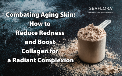 A scoop of protein powder resting on a neutral background, representing the Naked brand, with the Seaflora Skincare logo in the top right corner and blog title overlaid: "Combating Aging Skin: How to Reduce Redness and Boost Collagen for a Radiant Complexion."