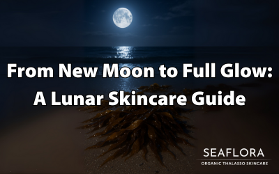 A bundle of glistening brown seaweed washed up on the beach under moonlight, with the ocean and a large full moon in the background. Text overlay reads “From New Moon to Full Glow: A Lunar Skincare Guide” and Seaflora Skincare’s logo appears in the corner.