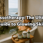Woman soaking in a seaweed-infused bath with Seaflora skincare products beside her and a view of the Pacific Ocean through a window. Text overlay reads: "Thalassotherapy: The Ultimate Guide to Glowing Skin".