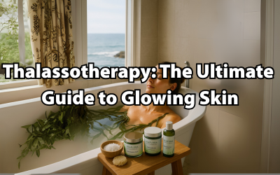 Woman soaking in a seaweed-infused bath with Seaflora skincare products beside her and a view of the Pacific Ocean through a window. Text overlay reads: "Thalassotherapy: The Ultimate Guide to Glowing Skin".
