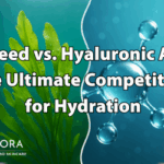 Split image showing raw seaweed underwater on the left and hyaluronic acid molecules on the right, representing a hydration comparison between nature and lab-based skincare.