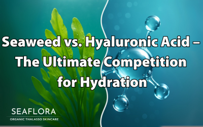 Split image showing raw seaweed underwater on the left and hyaluronic acid molecules on the right, representing a hydration comparison between nature and lab-based skincare.