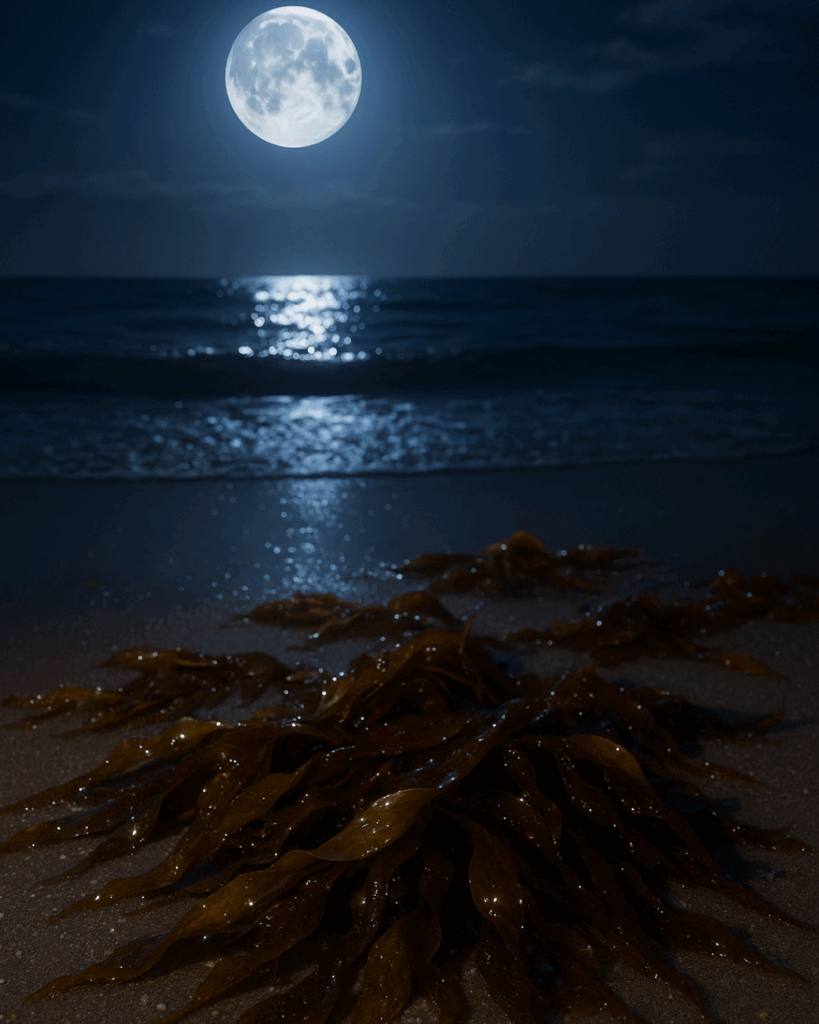 Moonlit Seaweed on the Shore – Lunar Skincare Rituals | Seaflora Skincare - Seaflora Skincare Washed up seaweed on the beach with the moonlight shining down on it.