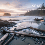 A breathtaking wide shot of a rugged beach on the west coast of Vancouver Island at sunset or sunrise, with waves gently washing over sandy and pebble-strewn shores. Large pieces of weathered driftwood are scattered across the foreground, and dense evergreen forests line the misty coastline. In the top right corner, the Seaflora logo is subtly placed in white.