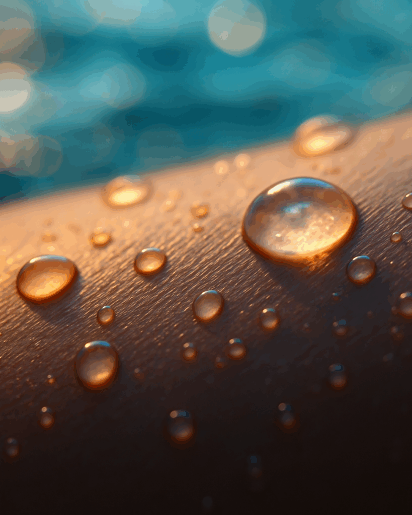 Close-up image of water droplets gently resting on human skin, glistening in soft natural light. The droplets highlight the skin’s texture and hydration, symbolizing the harmony between ocean minerals and the body’s natural moisture barrier — a visual echo of Seaflora’s sea-to-skin philosophy.