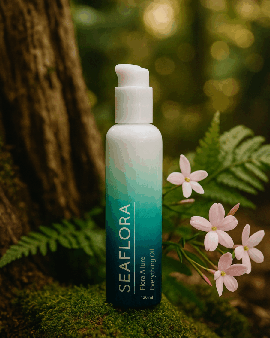 A bottle of Seaflora’s Flora Allure Everything Oil resting on soft green moss at the base of a forest tree, with pink flowers and lush foliage in the background.