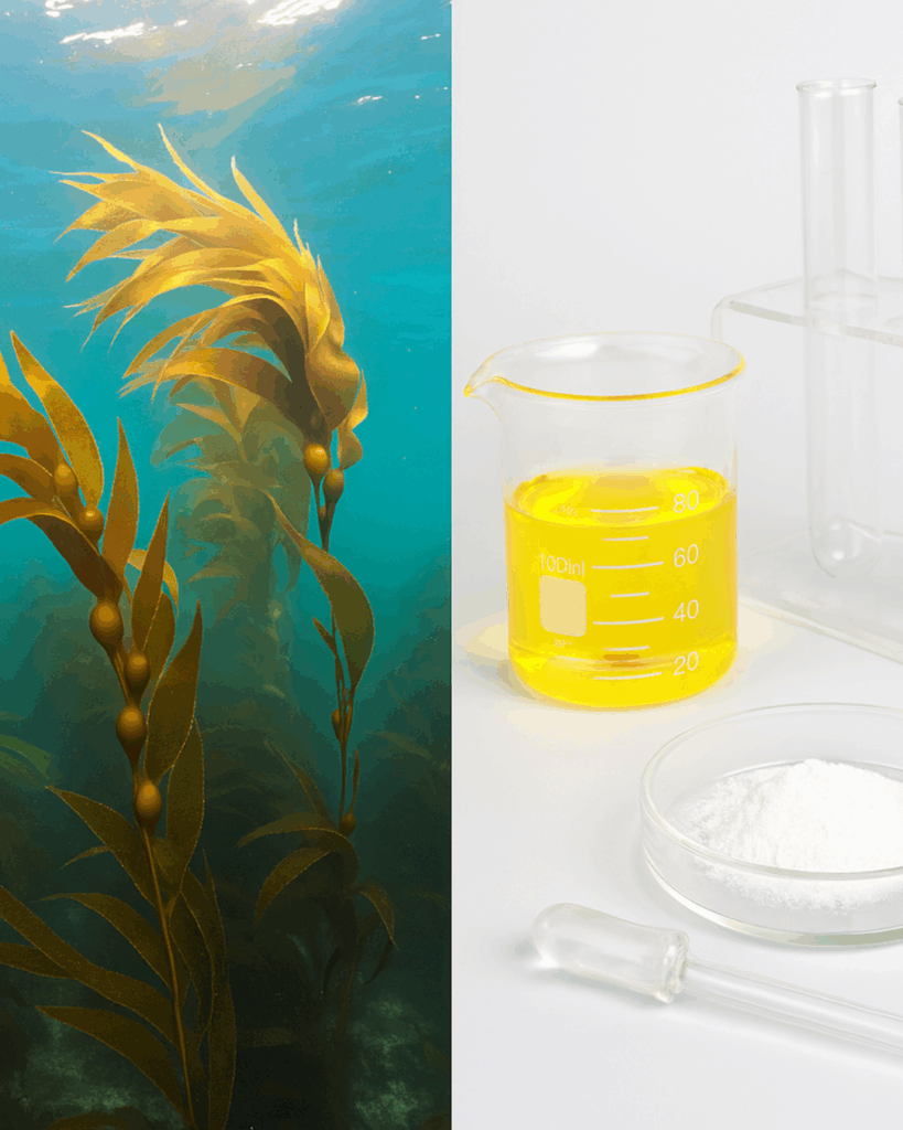 Split Screen image on the left side is Kelp underwater and on the right are synthetic products. To represent Whole Foods vs Synthetics.