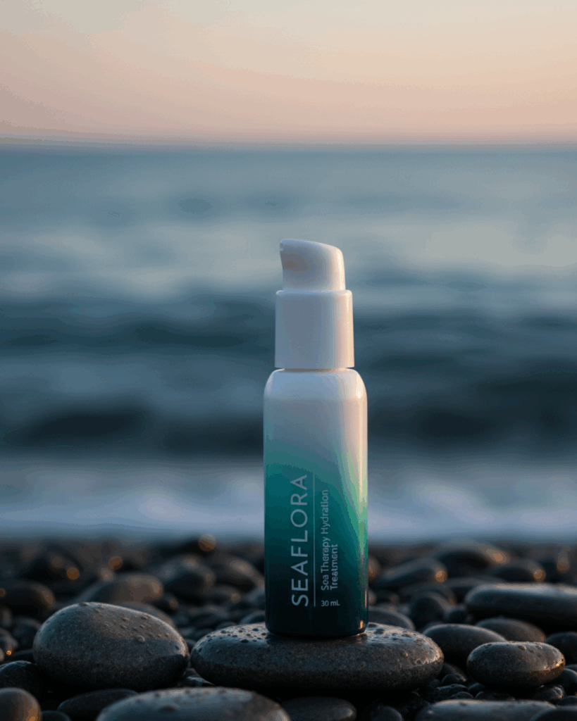 Ocean's Embrace: Sea Therapy Hydration Treatment at Sunset - Seaflora Skincare Seaflora's Sea Therapy Hydration Treatment, the glass bottles depict the Ocean.