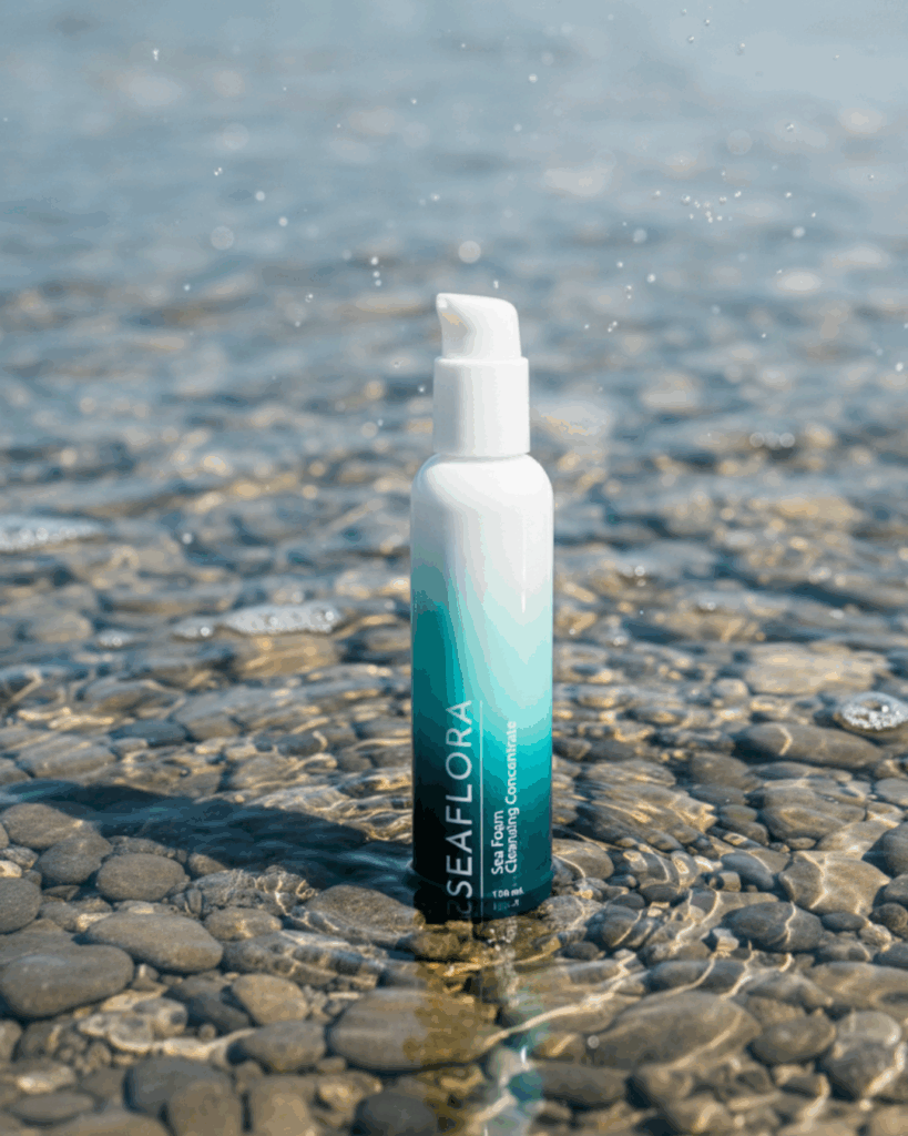 The Cleansing Power of the Ocean - Seaflora Skincare Seaflora's Sea Foam Cleansing Concentrate, the glass bottle depicts the Ocean.
