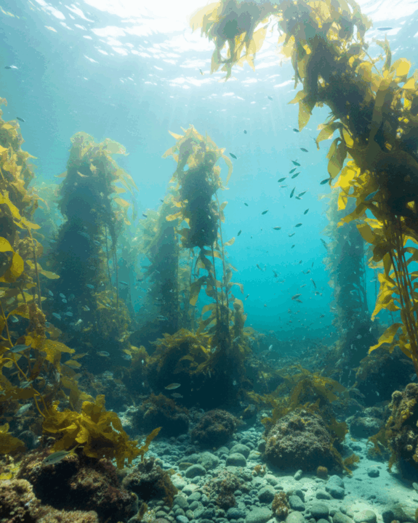 The Vibrant Underwater World of Kelp - Seaflora Skincare Underwater Kelp forest in the deep blue Ocean.