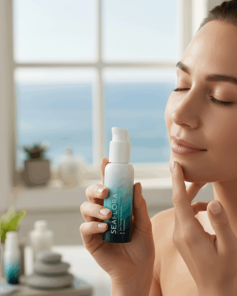 The Ocean's Embrace: A Luxurious Hydration Ritual - Seaflora Skincare A lady applying Seaflora's Sea Therapy Hydration Treatment to her face in her luxurious bathroom and the Ocean is in the background outside the window.