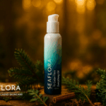 Seaflora's Fir Cedar Flora Everything Oil bottle sits on moss in a lush Pacific Northwest forest. It's surrounded by fir and cedar sprigs, and cinnamon, with the white Seaflora logo in the bottom left corner.
