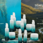 A split-screen image for "The Ultimate Skincare for Dry Mountain Climates" blog cover. The left side features a vibrant underwater kelp forest, symbolizing the ocean's bounty, while the right side displays a majestic, green Fernie mountain landscape under a bright sky, representing the mountain environment. Several Seaflora skincare products, in their signature white and teal bottles, are arranged in the middle, bridging the two scenes on a small rock formation, suggesting a blend of marine and mountain elements. The white Seaflora logo is subtly placed in the upper right corner.