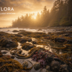 A dramatic autumn coastal scene on the West Coast of Vancouver Island. The foreground features a wet, mossy rock and a scattering of vibrant autumn maple leaves. Dulse, Rockweed, and Bull Kelp are visible at the low-tide waterline. The overall atmosphere is misty with a golden sunset glow. The white Seaflora logo is placed in the top-left corner, signifying the brand's connection to this rugged marine environment.