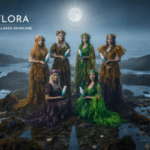 Six sea witches dressed in seaweed, holding Seaflora bottles under moonlight at low tide on a Vancouver Island beach, with Seaflora logo.