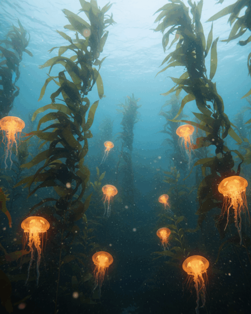 sea-witch-kelp-forest-pumpkin-jellyfish - Seaflora Skincare An underwater Kelp (Seaweed) forest with glowing orange Jellyfish that look like Pumpkins.