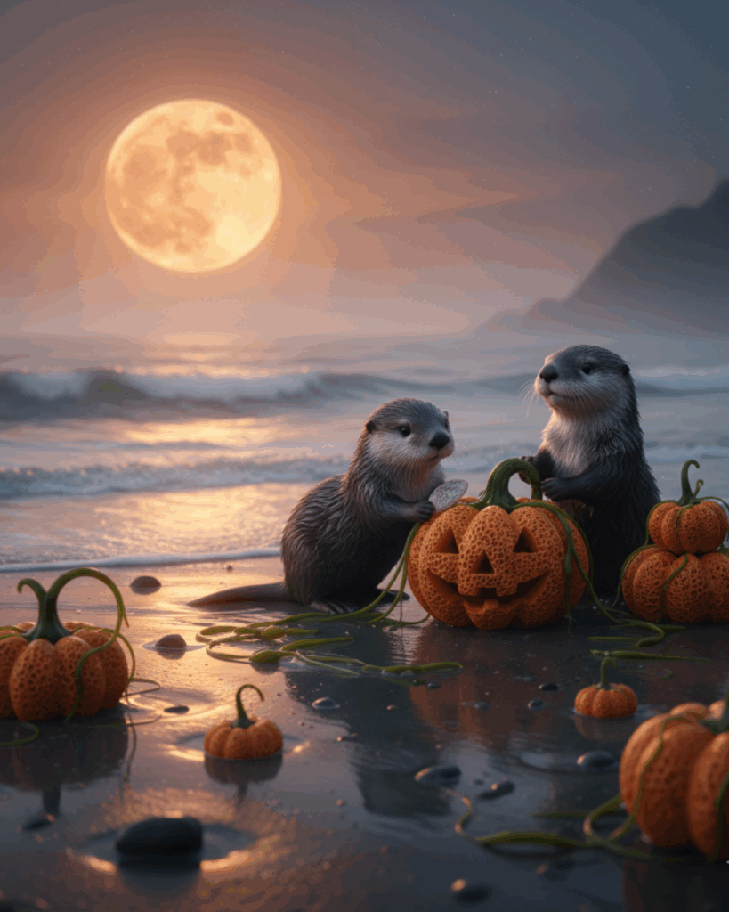 Van Isle Otter Pumpkin Carving - Seaflora Skincare Two Sea Otters carving Coral Pumpkins surrounded by washed up Seaweed on a beach on the west coast of Vancouver Island with the ocean waves and moon in the background.