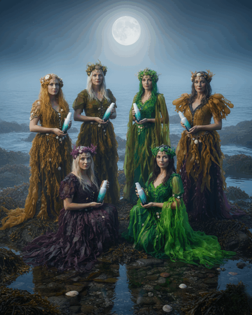 Sea-Witch-Skincare-Vancouver-Island-Seaweed-Coven - Seaflora Skincare Sea Witch Coven holding Seaflora bottles that all contain Seaweed.