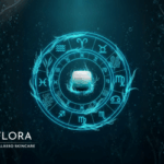 Stylized zodiac wheel illustration where the constellation patterns are formed by glowing, vibrant strands of Pacific seaweeds against a deep blue-green, starry ocean background. A Seaflora product jar is integrated into the center.