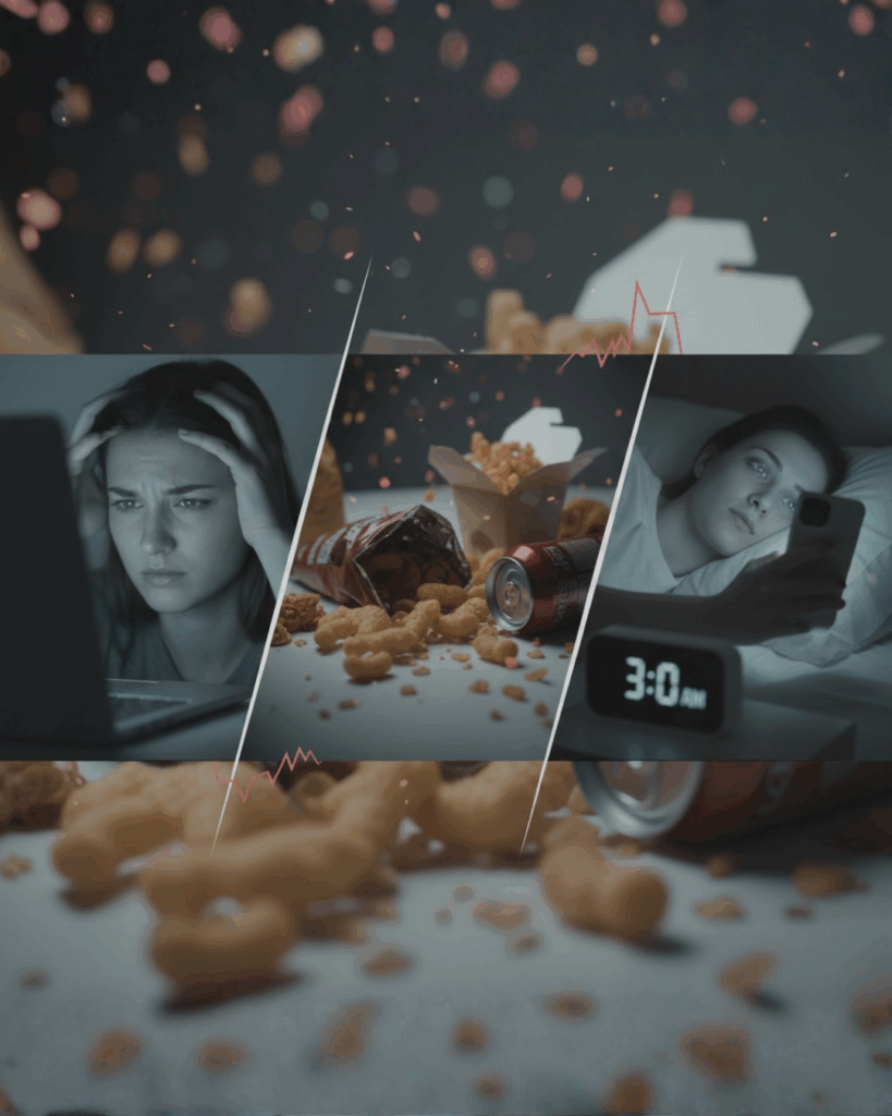 Alt Text (SEO/Accessibility): Collage of modern stressors including a person stressed at a laptop, unhealthy fast food, and a person sleeplessly scrolling phone at 3 AM.