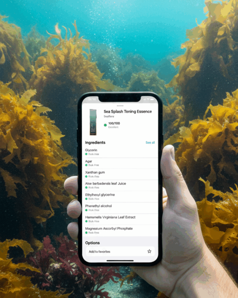 Seaflora Skincare scoring 100/100 on the Yuka app.
