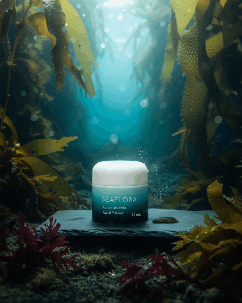 Alt Text	Potent Sea Kelp Facial Masque jar amidst deep, vibrant kelp forests, signifying its detoxifying benefits for skin health and gut-related inflammation.