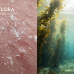 Seaflora logo on split image contrasting irritated skin (acid damage) with a lush kelp forest (algae healing) on the right side.