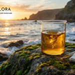 Glass laboratory beaker filled with glowing golden seaweed extract sitting on a rugged coastal rock with crashing ocean waves in the background, symbolizing marine bioactive science.