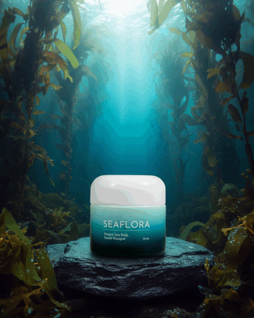 Seaflora-Potent-Sea-Kelp-Masque-Detox-Algae-Healing - Seaflora Skincare Seaflora Potent Sea Kelp Facial Masque jar surrounded by dark, lush, deep-sea kelp fronds, emphasizing detoxifying marine minerals.