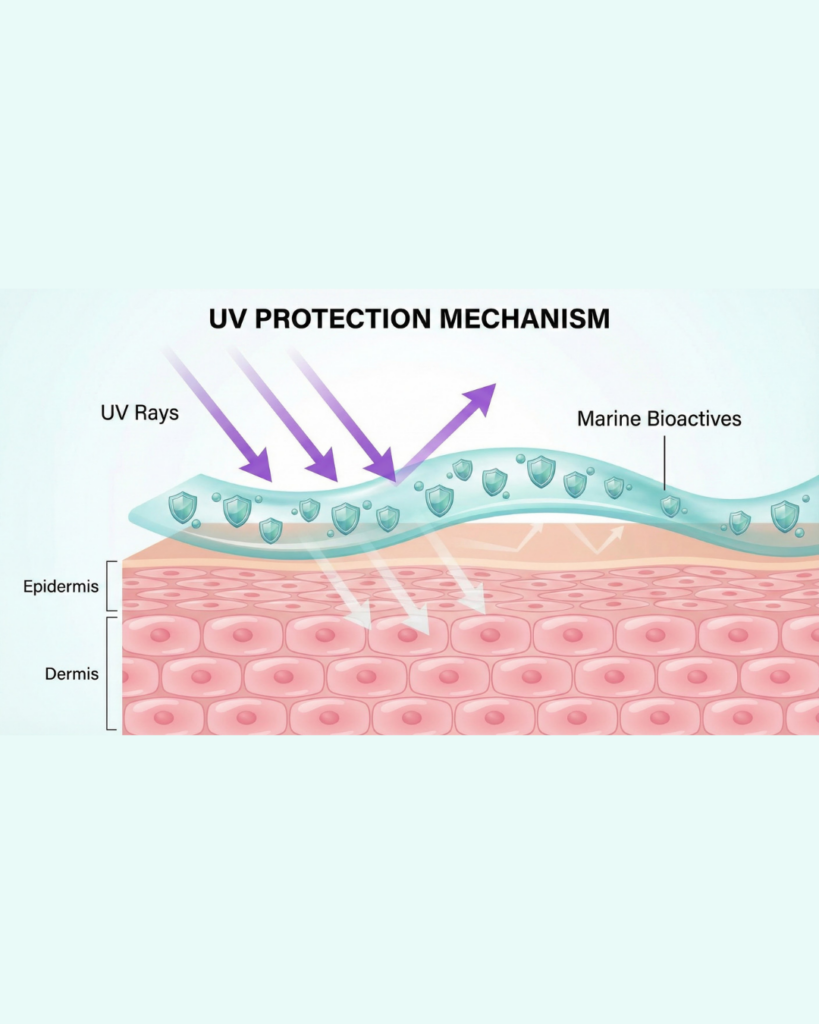 Diagram showing skin cross-section where Mycosporine-like Amino Acids (MAAs) from seaweed bioactives form a protective barrier absorbing UV rays before they reach skin cells.