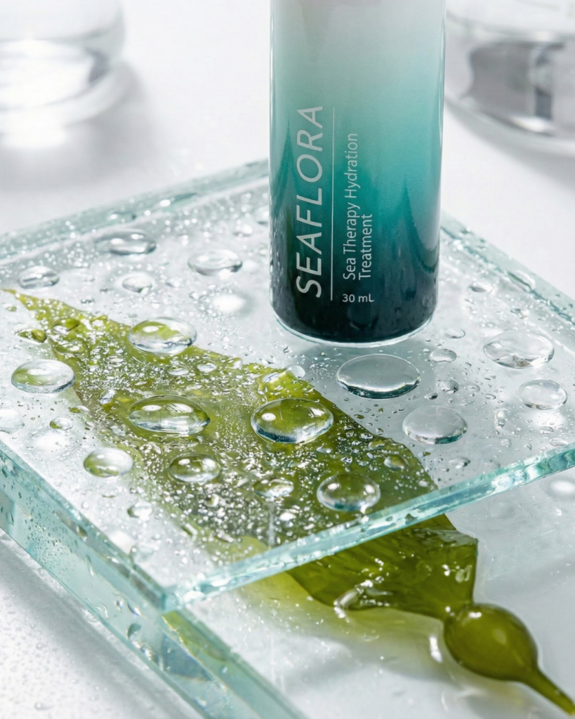 Seaflora Sea Therapy Hydration Treatment serum bottle on a wet clinical glass surface with green kelp, showcasing deep moisture retention.