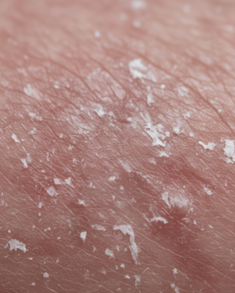 Damaged-Skin-Barrier-Harsh-Acid-Irritation - Seaflora Skincare Macro close-up of dry, irritated skin with visible redness and flaking, showing a damaged skin barrier from harsh exfoliation.